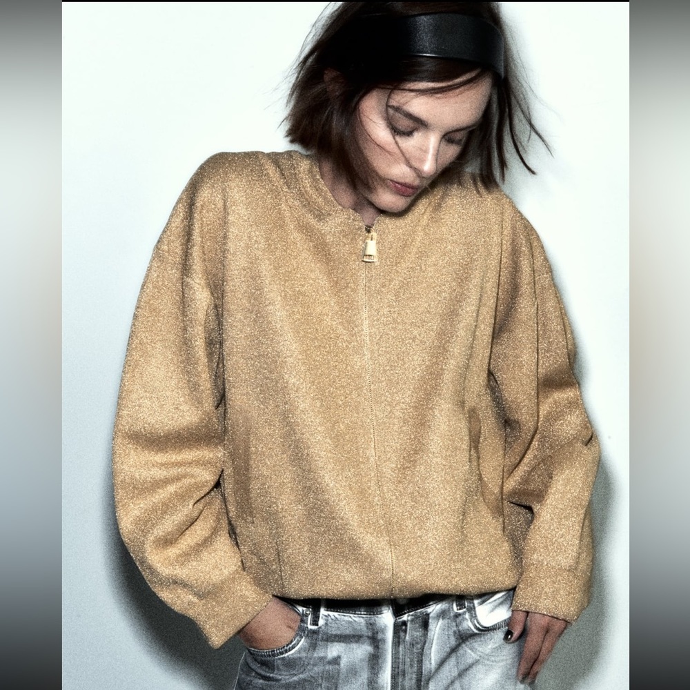 ZARA GOLD METALLIC KNIT CARDIGAN SWEATER JACKET | ZIPPER | M | NWT
